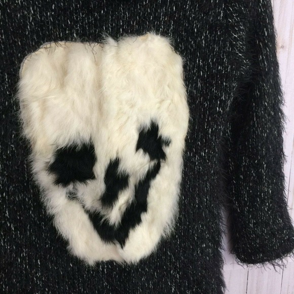 Vtg Designer Sweater Sz XS Fleece Lined Rabbit Fur Smily Face Applique Collared - Picture 4 of 6